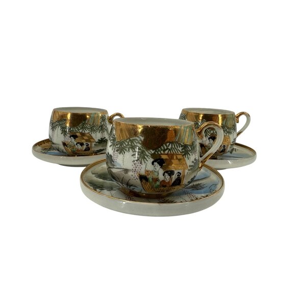 Japanese Satsumi Kutani Porcelain Coffee Tea Set Cream Sugar Hand Painted Gold - Picture 1 of 14